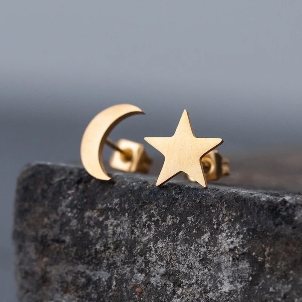 Moon Star Stainless Steel Stud Earrings‎ Celestial Jewelry Minimalist Gold Tone